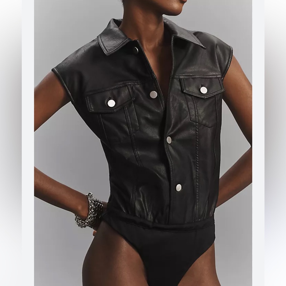 Ronny Kobo Carlyle Faux Leather Bodysuit in Jet Black - Picture 3 of 6